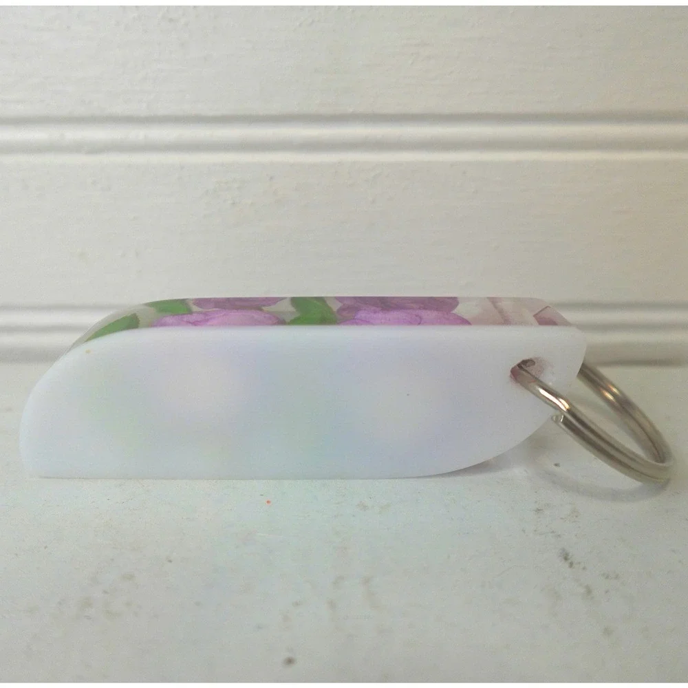 Purple‎ Flower Keychain Bag Charm Two Stem Roses Handmade Resin Fob Holder